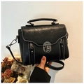 Borsa a tracolla retrò in pelle PU nera con cuciture bianche e doppia cerniera - Nero
