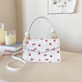 Fresh white PU leather crossbody bag with red cherry prints and knot handle - White