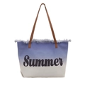 Blue and white gradient canvas tote bag with Summer print and brown leather straps - Dark Blue