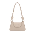 Chic beige crossbody bag featuring a silver metal bow and twisted woven strap detail - White