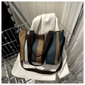 Detail of a large striped knit tote bag with thick woven texture and color-block pattern - Blue