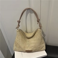 Grande borsa a spalla in paglia intrecciata beige con tracolla in pelle marrone annodata - Cachi