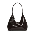 Glossy black patent leather crescent bag with heart charm and silver metal accents - With Pendant / Brown