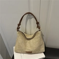 Borsa tote in paglia beige chiaro con manici in finta pelle marrone e dettaglio label - Marrone