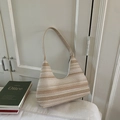 Beige und weiß gestreifte gewebte Hobo-Tasche mit Faserstruktur und Schultergurt - Beige