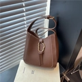 Retro brown PU leather bucket bag with white stitching and gold metal ring accent - Brown