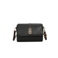 Women's black litchi pattern flap bag with golden metal buckle and brown strap - Black