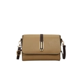 Khaki pebbled faux leather crossbody bag with dark brown trim and gold buckle - Khaki