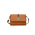 Brown cross-body bag with litchi texture, dark coffee strap and gold buckle detail - Brown