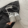 Silver metallic bucket bag with pearl chain drawstring and long shoulder strap - Silver