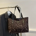 Large leopard print tote bag with black leather handles and vintage frosted finish - Brown