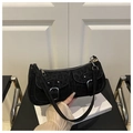 Minimalist black baguette bag with leopard print texture and dual front buckle pockets - Black