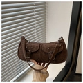 Retro dark brown suede underarm bag featuring double front pockets and metal buckles - Brown