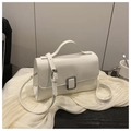 White minimalist leather crossbody square bag with silver metal buckle and handle - White