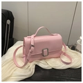 Pink faux leather mini square crossbody bag with top handle and silver metal buckle - Pink