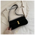 Detail of a black suede underarm bag featuring a classic gold-tone oval metal buckle closure - No Pendant / Black