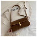 Detailed close-up of brown suede underarm bag with elegant gold metal buckle closure - No Pendant / Brown