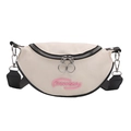 Marsupio a mezzaluna beige crema con logo rosa ricamato e doppie zip in metallo - Bianco
