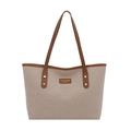 Minimalistische beige gewebte Tragetasche mit braunem Ledergriff und Markenlogo - Dunkelbraun