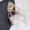 White wrinkled Boston bag with cute cartoon animal prints and pink shoulder strap - Pink