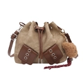 Drawstring canvas bucket bag in earth tones with leather trim and bear pendant - With Pendant / White