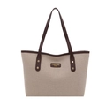 Minimalistische beige Textil-Einkaufstasche mit braunen Ledergriffen und Goldnieten - Kaffeebraun