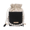 Chic black herringbone bucket bag with large pearl handle and metal chain shoulder strap - Black