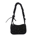 Black pleated shoulder bag with bow prints and heart patterns on textured fabric - Black