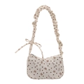 Beige corduroy pleated shoulder bag with brown heart and bow print patterns - White