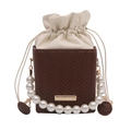 Brown woven leather bucket bag with white drawstring insert and large pearl bead handle - Brown