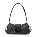 Borsa baguette chic in denim grigio e pelle nera opaca con fibbie in metallo argento - Nero