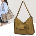 Vintage canvas tote bag with flap pocket and decorative rivets in dark mustard green - Yellow
