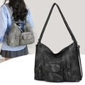 Retro washed grey and black multi-pocket canvas backpack with adjustable straps - Black