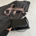 French style black patent leather underarm bag with vintage geometric woven shoulder strap - Black