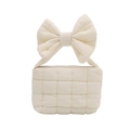 Quilted cream bow handbag featuring a lattice pattern and soft puffer style cotton fabric - White
