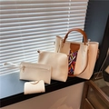 Set 4 pezzi borsa shopping crema con manici marroni e motivo geometrico intrecciato - Bianco