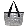 Bolso tote acolchado plateado con acabado metálico y correas negras de moda invierno - Plateado