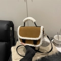 Brown faux suede crossbody bag with white shearling trim and plush coin purse - Tan