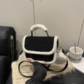 Faux suede crossbody bag with black contrast and white faux fur trim and coin purse - Black