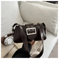 Detail of dark brown glossy leather shoulder bag featuring silver dual buckle decor - Dark Brown
