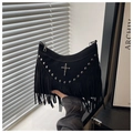Sac bandoulière en suède noir avec franges longues, clous métalliques et croix argentée - Noir