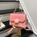 Pink crossbody bag with crocodile texture flap and detachable strap for women - Pink