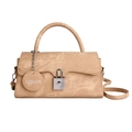 Retro khaki crossbody bag with metallic square lock and texture finish on white background - Khaki