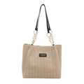 Borsa tote in paglia beige con manici in pelle nera e catena dorata e patch - Nero (Senza Ciondolo)