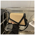 Woven straw crossbody bag with black leather trim and gold metal hardware for women - Black