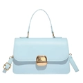 Light blue vintage wax leather crossbody square bag with gold buckle and top handle - Blue