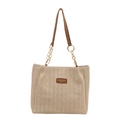 Straw woven tote bag for women in beige featuring a leather logo patch and gold chain strap - Brown (Without Pendant)