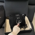 Retro black suede fringe shoulder bag with silver buckle and bohemian rock style - Black