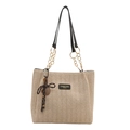 Beige woven straw tote bag with black handles and polka dot bow ribbon detail - Black (With Charm)