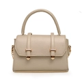 Elegant beige Saffiano leather underarm bag with top handle and golden chain strap - Champagne